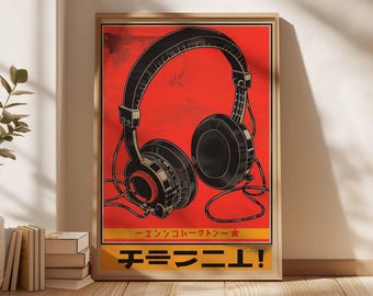 Japanese Headphones Poster, Retro Music Wall Art, Abstract Audio