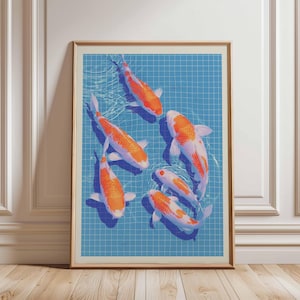 May include: A framed art print showing six koi carp with orange and white patterns in a blue tiled pool. The artwork is presented in a light brown wooden frame, enhancing the aquatic theme with a touch of sophistication.