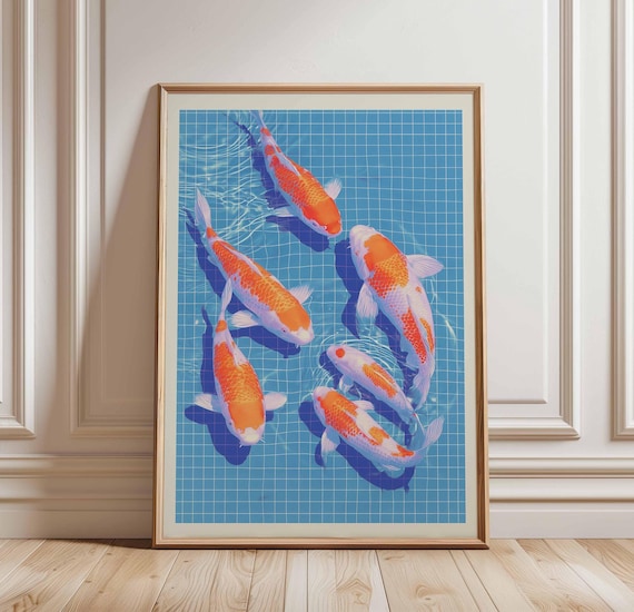 Colorful Koi Fish Poster, Bright Japanese Fish Print, Blue Water Pool Art, Modern Koi Wall Art, Vibrant Zen Home Decor