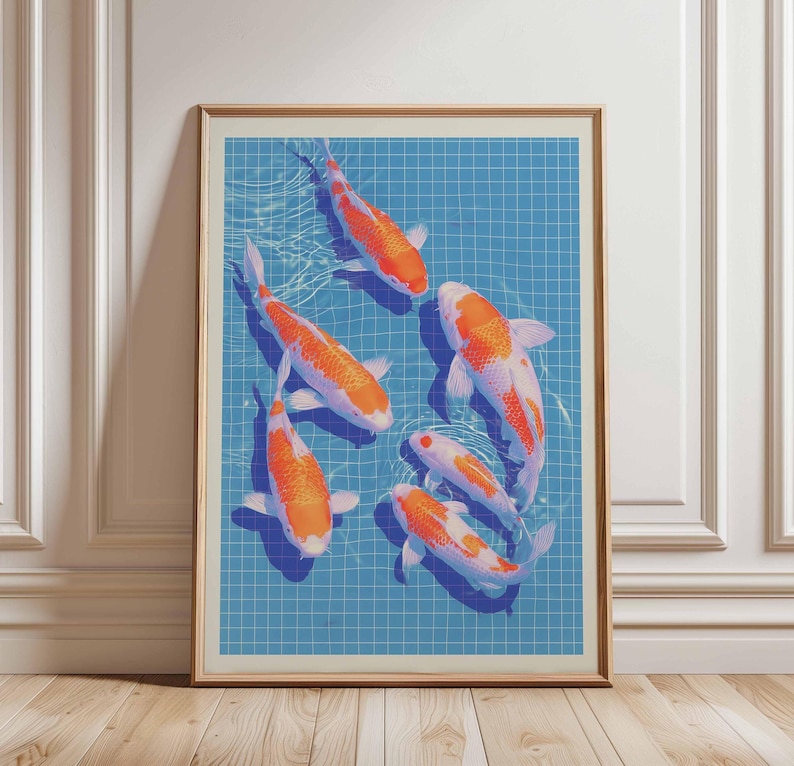 May include: A framed art print showing six koi carp with orange and white patterns in a blue tiled pool. The artwork is presented in a light brown wooden frame, enhancing the aquatic theme with a touch of sophistication.