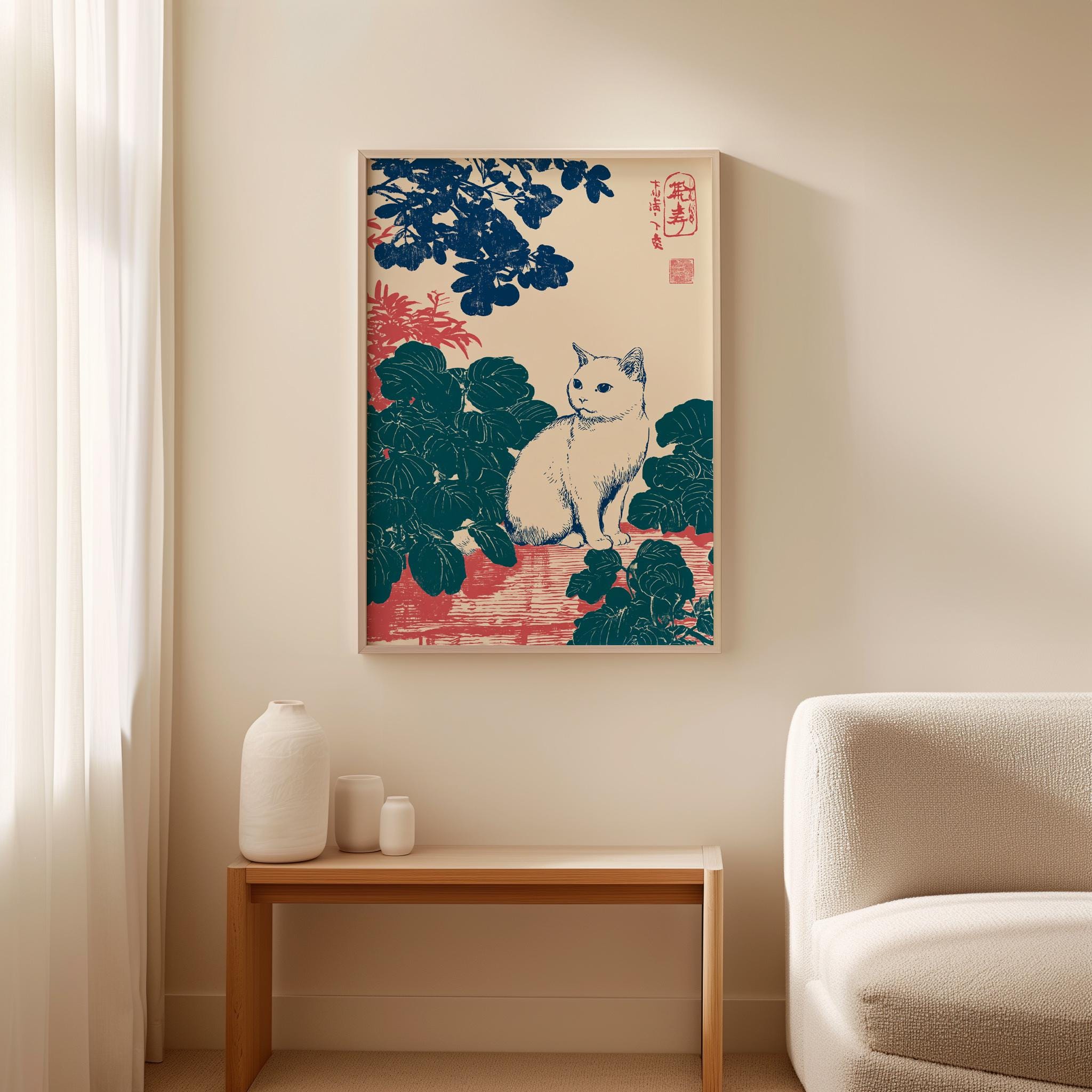 Japanese Cat Wall Art Poster Minimal Animal Nature Print Neutral Red ...