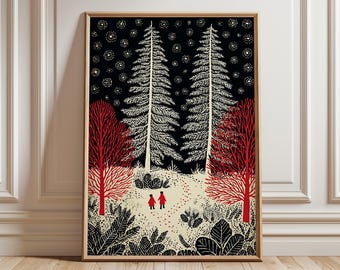 Pode incluir: Uma impressão de arte emoldurada com uma cena de floresta estilizada. Altas árvores brancas se erguem contra um céu negro estrelado, com árvores e folhagens vermelhas emoldurando um caminho onde duas figuras caminham.