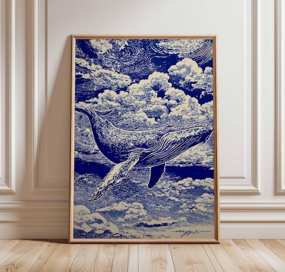 日本のクジラのポスター、浮世絵のクジラの版画、青いザトウクジラの