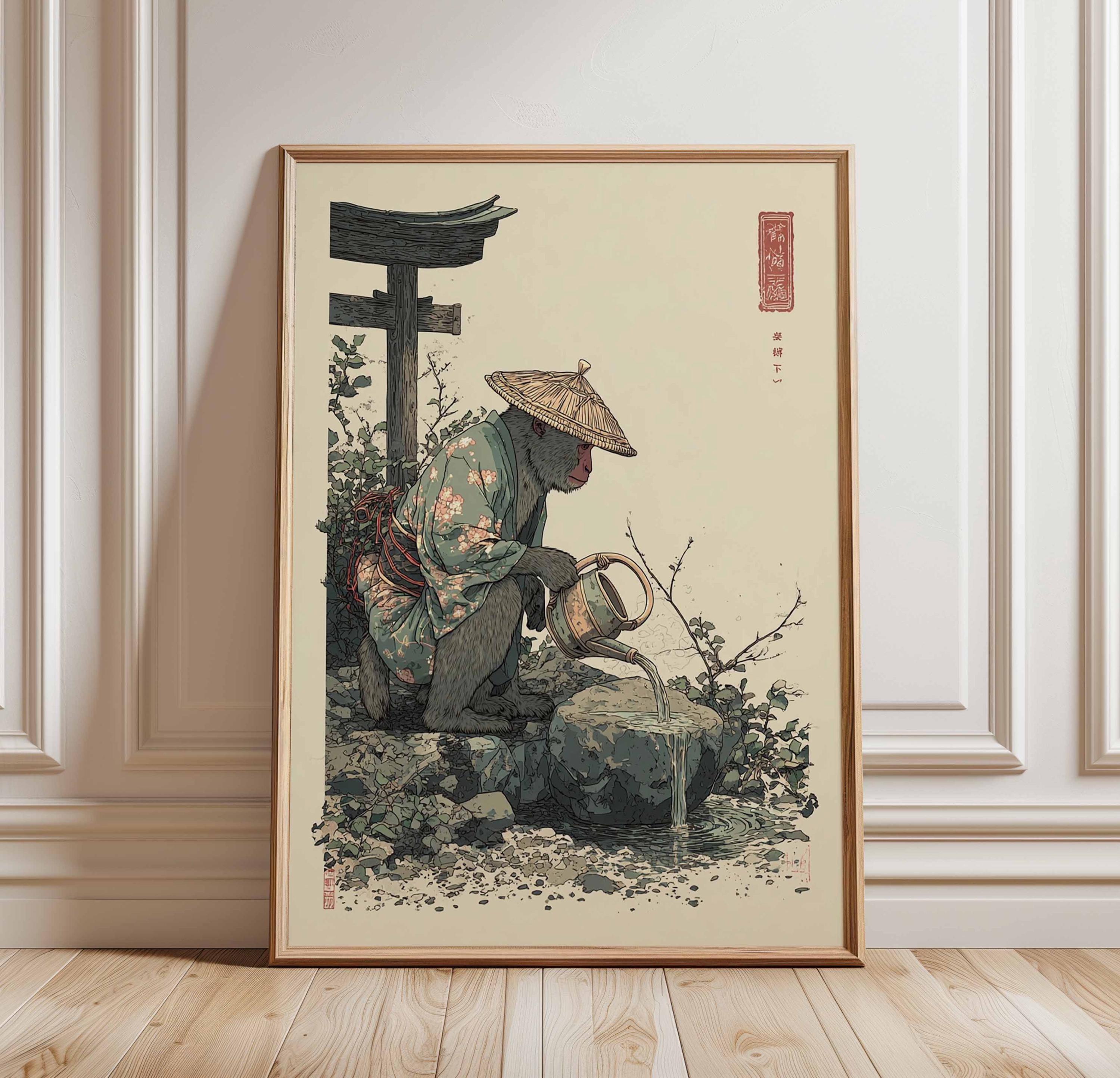 Japanese Monkey in Kimono Poster, Zen Garden Animal Art Print