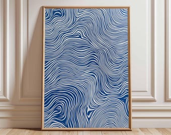 Póster de arte de línea azul, arte mural abstracto minimalista, impresión de ondas modernas, decoración geométrica contemporánea para el hogar, impresión de arte escandinavo