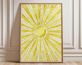 Pôster de sol amarelo, arte de parede boho moderna, impressão de sol abstrato brilhante, arte geométrica minimalista, decoração positiva para casa