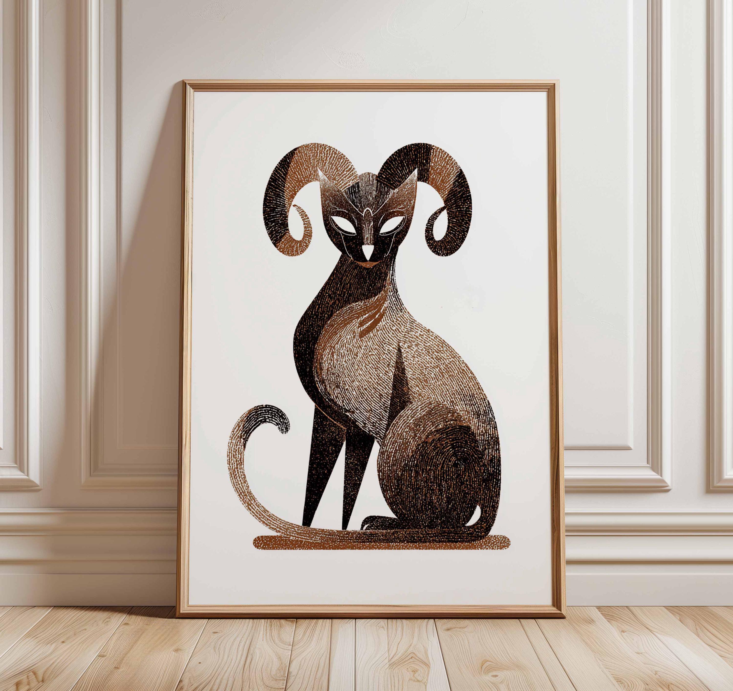 Mythical Cat Wall Art Print, Ram Horn Cat Poster, Surreal Fantasy