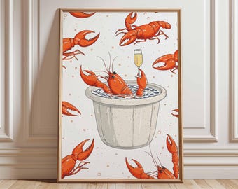 Lobster Wall Art Print, Funny Kitchen Poster, Quirky Seafood Illustration, Coastal Nautical Decor, Dining Room Bar Artwork