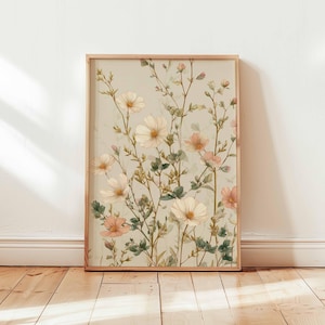 Soft Wildflower Wall Art, Cottagecore Botanical Poster Print, Neutral Floral Nature Decor, Romantic Unframed Pastel Artwork