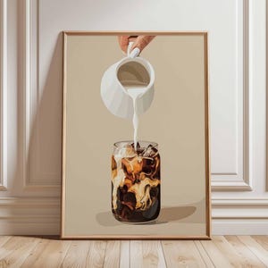 Póster de café helado, arte mural de café frío, impresión de café con crema, decoración de cafetería, póster de café neutro, obra de arte moderna para cafeterías.