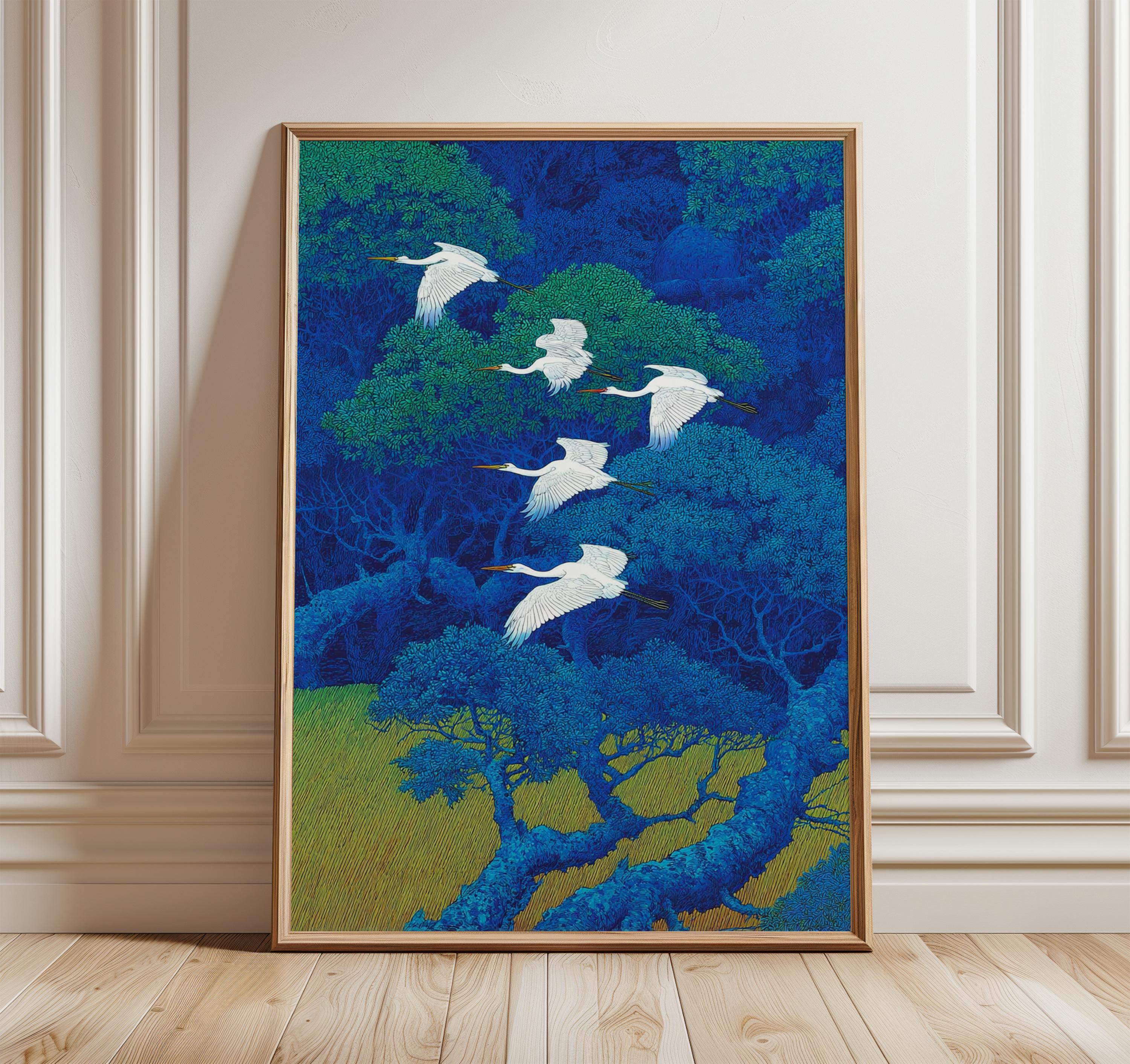 展示美品 TIME＆STYLE night bird シングル Dark Forest Crane Birds Art Print, Deep Blue Nature Poster