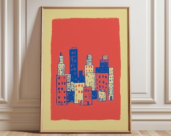 Red City Skyline Poster, Playing Card Wall Art, Abstract Print
