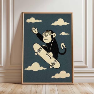 Skateboarding Monkey Wall Art Print, Funny Cartoon Animal Poster, Retro Style Illustration, Cool Kids Room Decor, Playful Skater Art