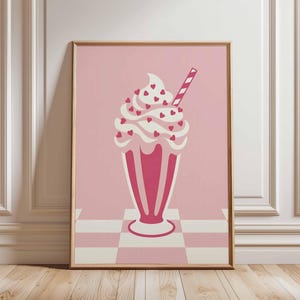 Milkshake Poster Print, Retro Pink Diner Wall Art, 50s Pop Art Kitchen Decor, Cute Sweet Treat Illustration, Girl Bedroom Artwork
