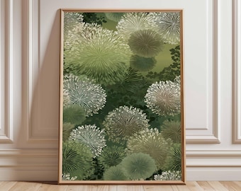 Póster botánico verde, impresión de arte mural de naturaleza moderna, obra de arte con estampado floral abstracto, decoración contemporánea inspirada en plantas para sala de estar.