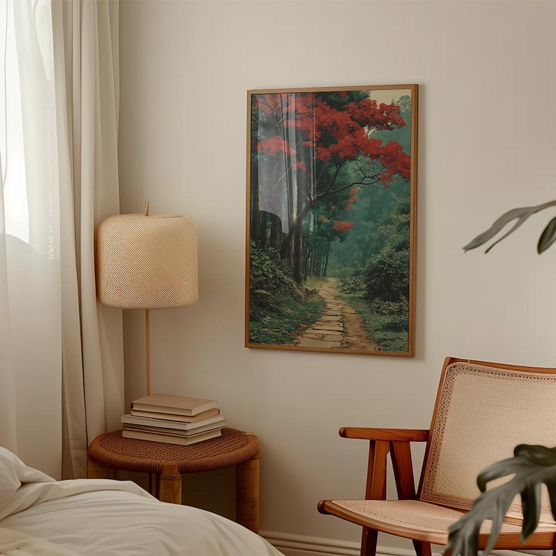 Forest Path Poster, Japanese Style Print, Red Maple Tree Wall Art ...