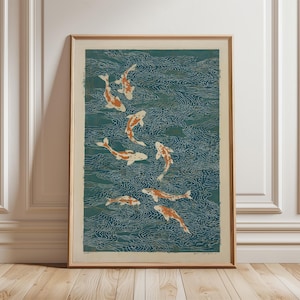 鯉のポスター | 日本の鯉のウォールアートプリント | ヴィンテージ東洋水イラスト