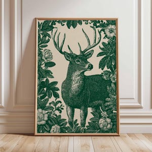 Vintage Deer Poster Print – Botanical Woodland Wall Art, Antique Style Stag Illustration, Rustic Nature Artwork for Cabin and Home Decor