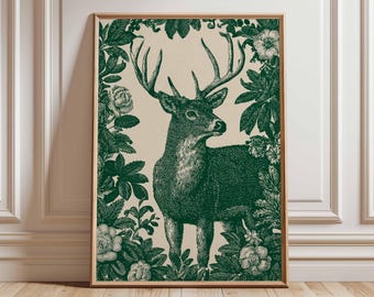 Vintage Deer Poster Print – Botanical Woodland Wall Art, Antique Style Stag Illustration, Rustic Nature Artwork for Cabin and Home Decor