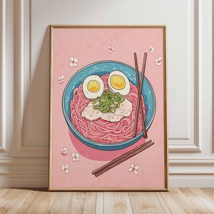 Ramen Poster Japanese Food Art Print Noodle Bowl Illustration Kitchen Wall Decor Asian Cuisine Artwork Pink Aesthetic