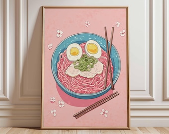Ramen Poster Japanese Food Art Print Noodle Bowl Illustration Kitchen Wall Decor Asian Cuisine Artwork Pink Aesthetic
