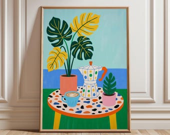 Coffee Table Plant Poster | Colourful Kitchen Wall Art | Modern Still Life Print