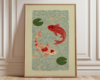 Cuadro decorativo de peces koi, estampado de estanque japonés, ilustración de koi rojo con nenúfares
