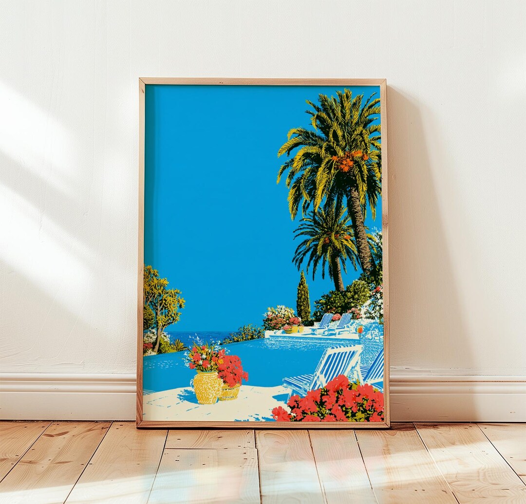 Mediterranean Poolside Poster, Tropical Coastal Villa Wall Art - Etsy