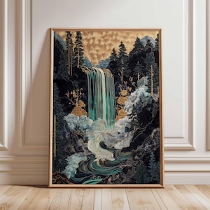 Wasserfall Landschaft Poster, Traditionelle Chinesische Kunst, Tuschemalerei in Gold und Türkis, Natur Wandkunst, Malerischer Wasserfall Druck