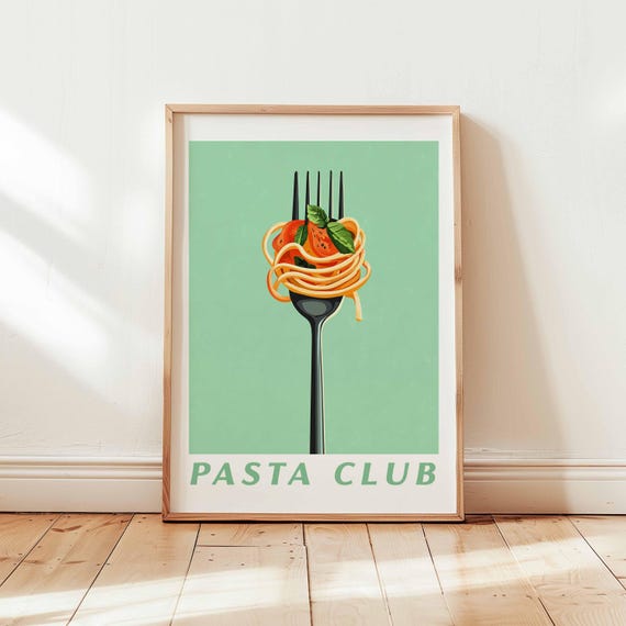 Pasta Poster, Italian Kitchen Wall Art, Retro Spaghetti Fork Print, Minimal Food Illustration, Unframed Pasta Club Decor