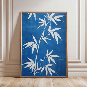 Bamboo Art Poster, White Bamboo Silhouette on Blue, Japanese-Inspired Nature Print, Minimalist Plant Decor, Tranquil Bamboo Wall Art