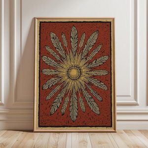 Póster de sol con plumas, lámina decorativa rústica bohemia con diseño de sol en estilo de ilustración folclórica.