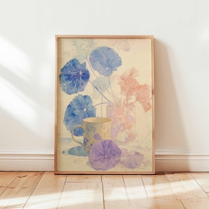 Watercolor Morning Glory Wall Art, Soft Pastel Botanical Print, Floral Coffee Mug Still Life Poster, Cottagecore Kitchen Decor Unframed