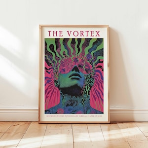 Psychedelisch gezicht Wall Art Print, trippy retro futurisme posterontwerp, surrealistisch ingelijst kleurrijk decor, visionair mindscape-kunstwerk