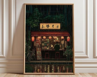 Póster de una tienda de ramen de Tokio, lámina artística de anime japonesa de una noche lluviosa en estilo de ilustración cinematográfica
