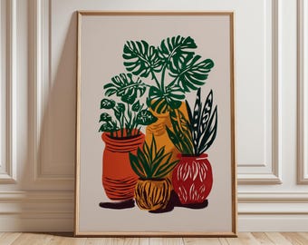 May include: A framed art print featuring a collection of potted plants. The artwork showcases various green plants in orange, yellow, and red pots. The print has a neutral background and is displayed in a wooden frame, suitable for home decor.