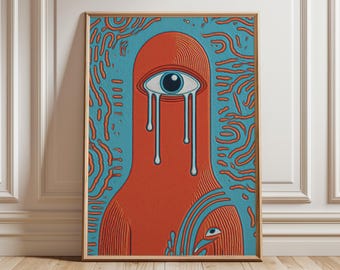 Psychedelische muurkunst, surrealistisch abstract oogposter, moderne trippy lijnkunstprint voor woonkamer en creatieve ruimtes