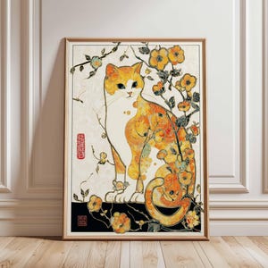 Japanese Cat Poster Floral Wall Art – Elegant Vintage Style Print with Orange Calico & Yellow Blossoms Unframed