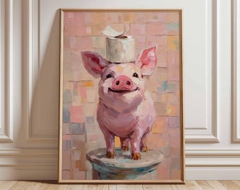 Póster de cerdo divertido, arte mural peculiar de animales de granja, adorable pintura de cerdo rosa con papel higiénico, decoración humorística para baño estilo granja.