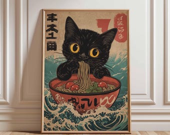 Black Cat Ramen Poster, Cute Noodle Art, Kawaii Cat Print, Japanese Food Poster, Cat Eating Ramen, Asian Wall Art, Fun Kitchen Decor
