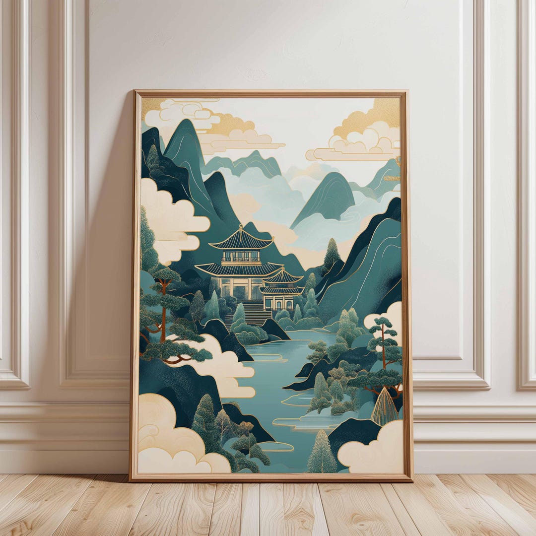 Japanese Temple Landscape Wall Art, Serene Mountain and Lake Scene in ...