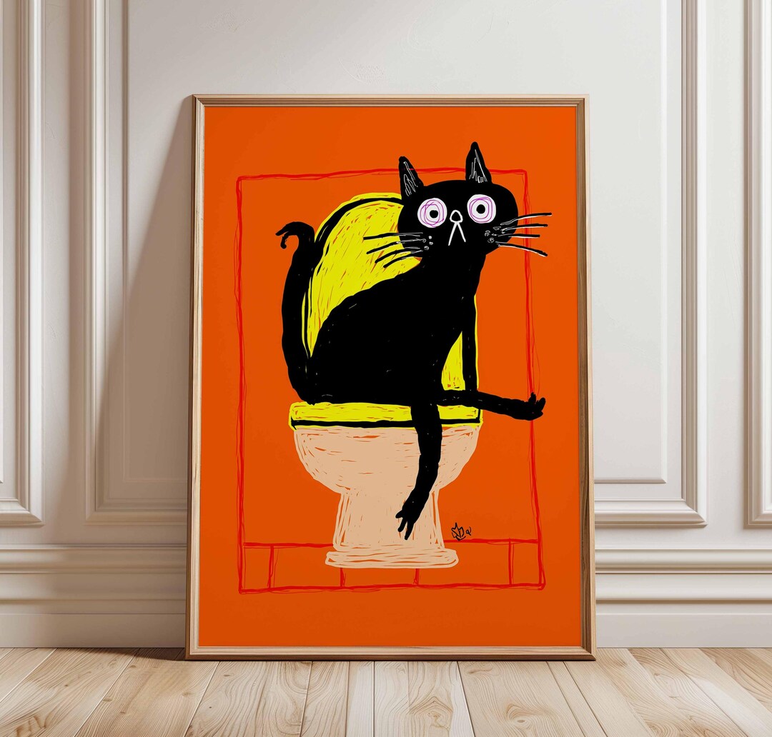 Funny Cat on Toilet Wall Art Print, Quirky Black Cat Bathroom Poster ...