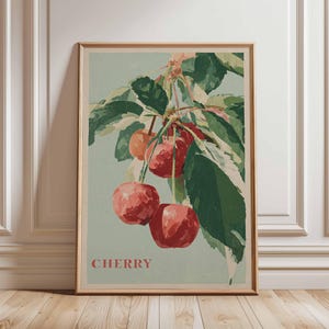 Cherry Fruit Wall Art Print, Vintage Botanical Poster, Rustic Kitchen Decor, Farmhouse Fruit Illustration, Red Cherry Artwork