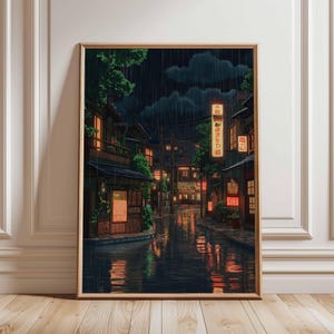 Rainy Night in Japanese Alley Poster, Street Lanterns and Reflections, Urban Japanese Cityscape Art Print, Japanese Wall Art