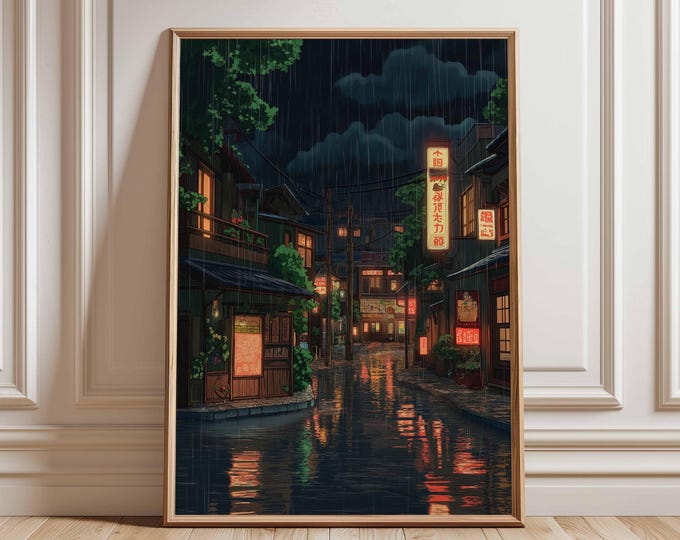 Rainy Night in Japanese Alley Poster, Street Lanterns and Reflections, Urban Japanese Cityscape Art Print, Japanese Wall Art