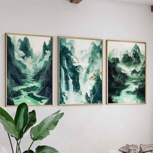 Chinesische Berglandschaft Poster Set, Traditionelle ostasiatische Kunst, ruhige Naturdrucke, asiatische Wandkunst, ruhiges Bergdekor