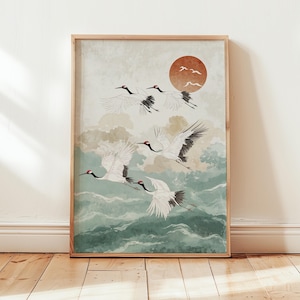 Kraniche fliegend Poster, japanische Kunst Druck, Traditionelle Tuschemalerei, Elegante Vogel Kunst, Natur Wanddekor, Orientalische Landschaft