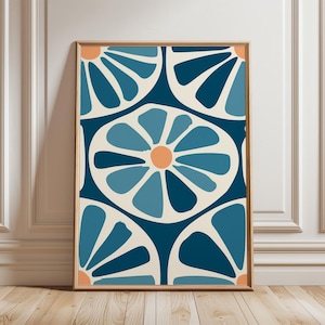 May include: A framed art print featuring a repeating floral pattern. The design showcases stylized flowers in shades of blue, with orange centers, set against an off-white background. The artwork is enclosed in a thin, wooden frame, suitable for wall decor.