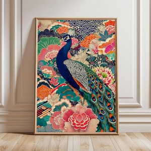Arte de parede com pavão japonês, pôster vibrante de pássaro floral, estampa oriental colorida, arte decorativa.