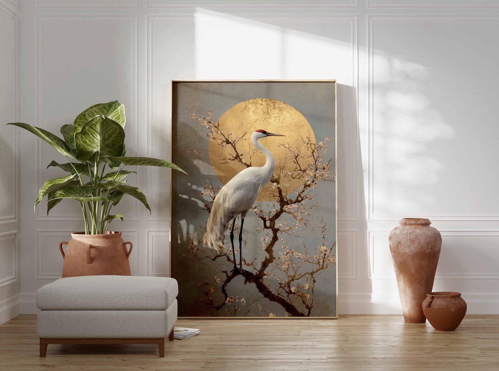 Golden Sun Crane Poster – Japanese Heron Wall Art With Plum Blossoms ...
